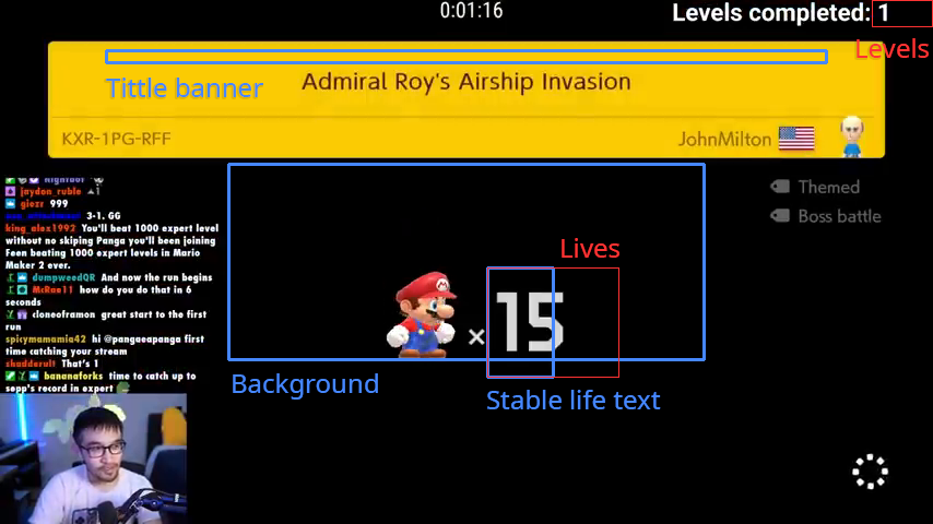 An example of the title scene. The blue and red bounding boxes show the features and the information to extract respectively.